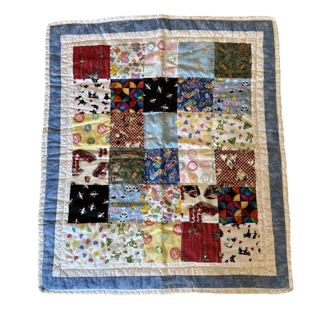 Handmade Baby Quilt 38” x 34” Patchwork Crib Lap Quilt Colorful Cotton